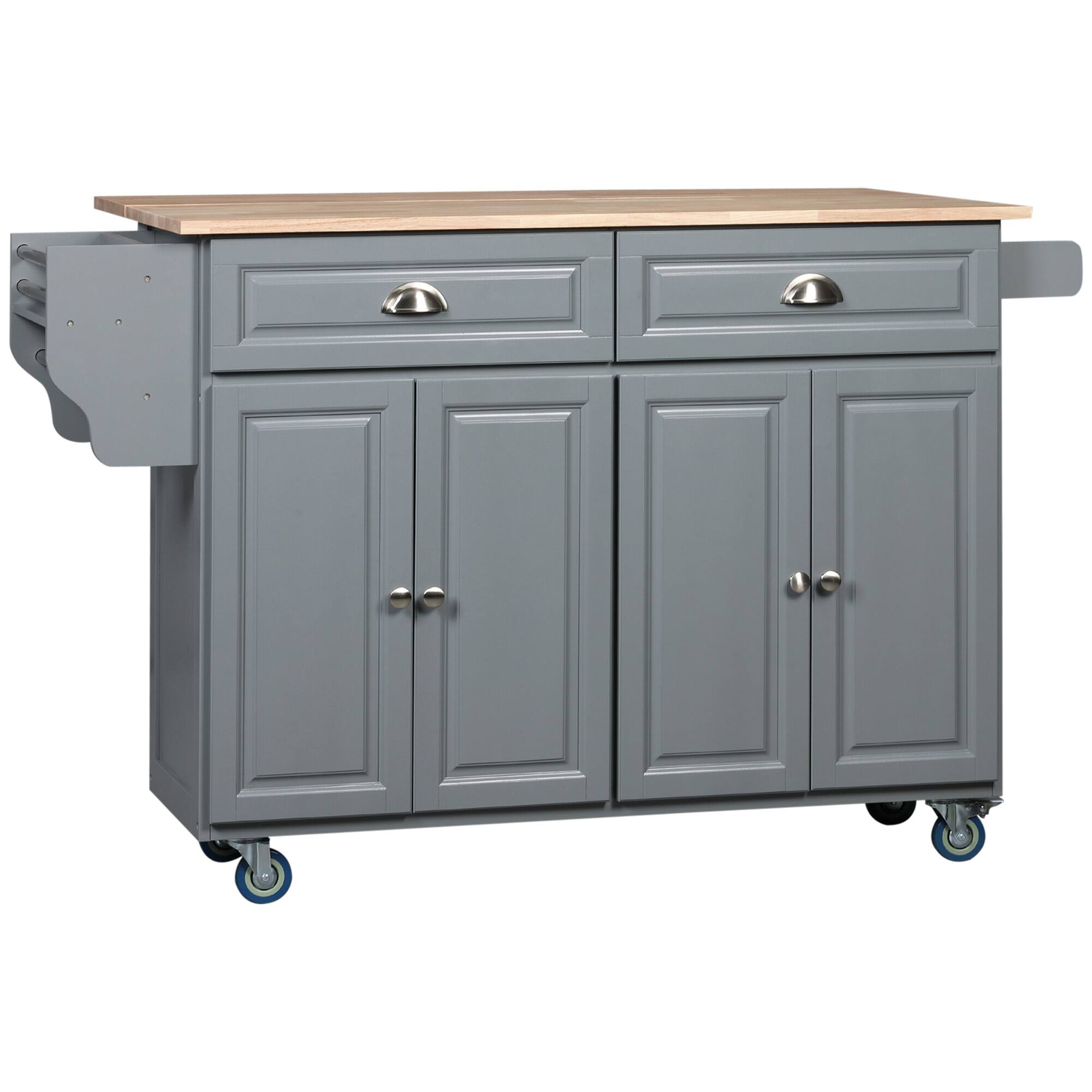 Front. Homcom - Rolling Kitchen Island Cart with Drop Leaf, Kitchen Cart on Wheels with Rubber Wood Top, 2 Drawers - Dark Gray.