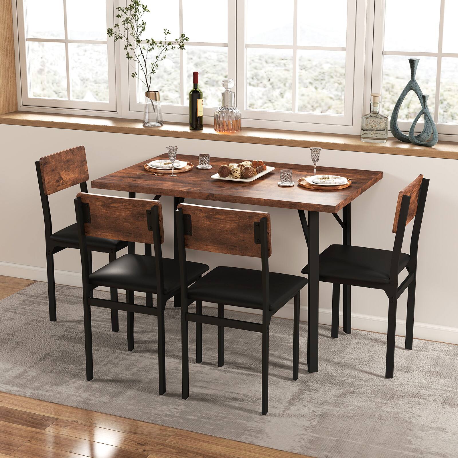 Alt View 3. Gymax - Gymax 5-Piece Dining Set for 4 47'' Round Kitchen Table 4 Stools w/ Wooden Tabletop - Brown.