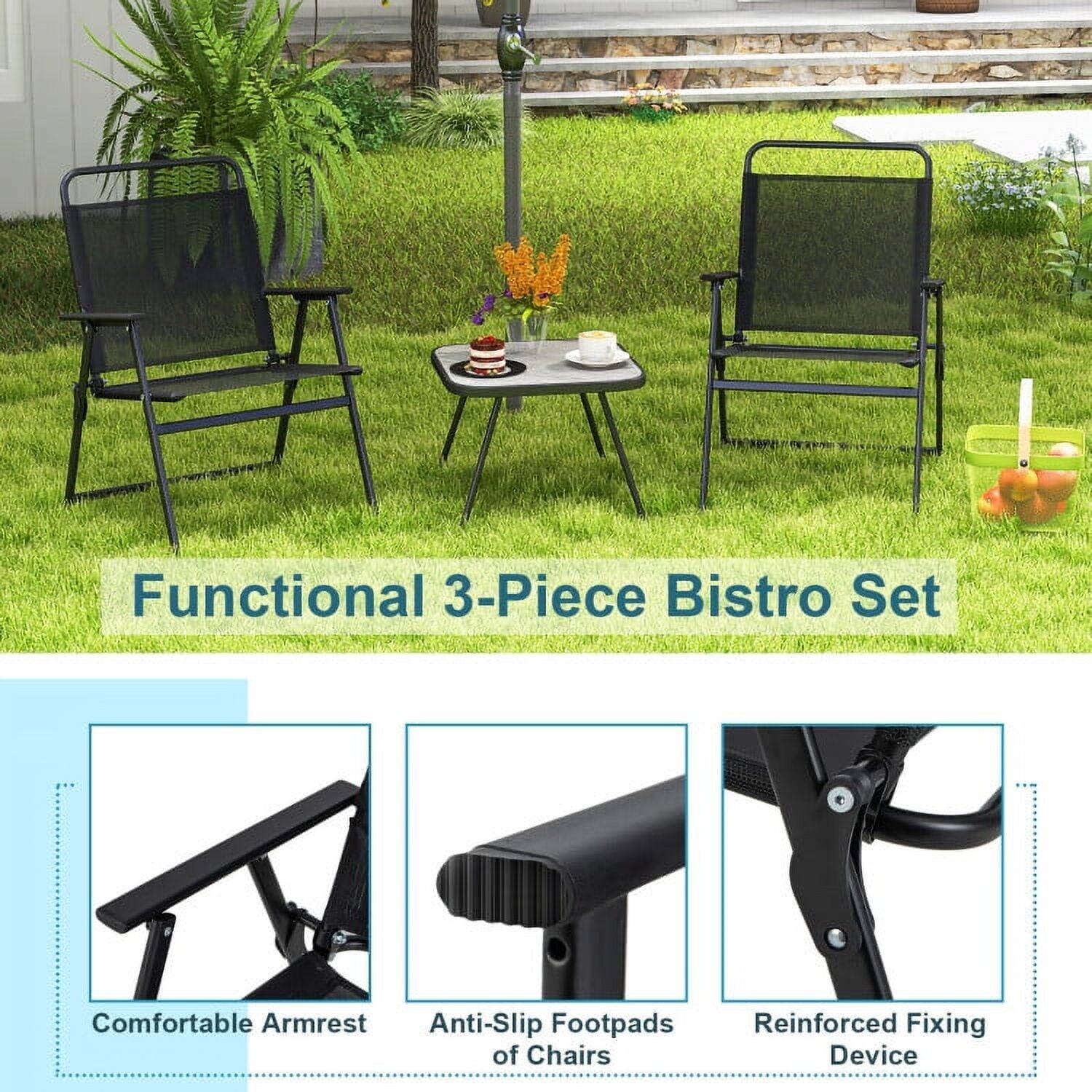 Functional 3-Piece Bistro Set

- Comfortable Armrest
- Anti-Slip Footpads of Chairs
- Reinforced Fixing Device