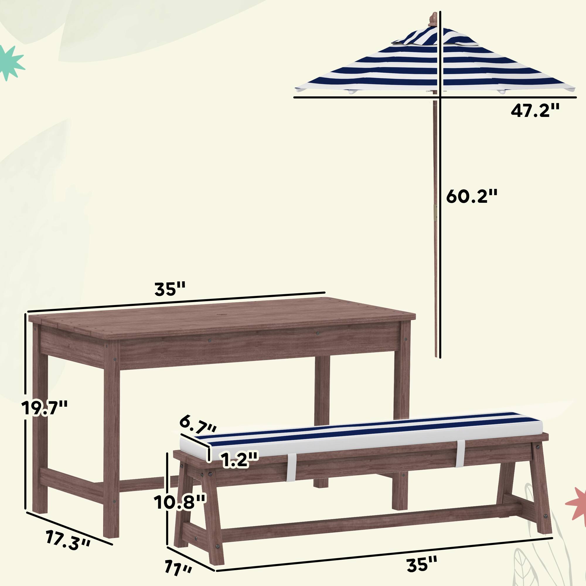 - Tabletop: 35" x 19.7"
- Table height: 17.3"
- Bench seat: 35" x 10.8"
- Bench height: 6.7" (with 1.2" cushion)
- Umbrella height: 60.2"
- Umbrella diameter: 47.2"