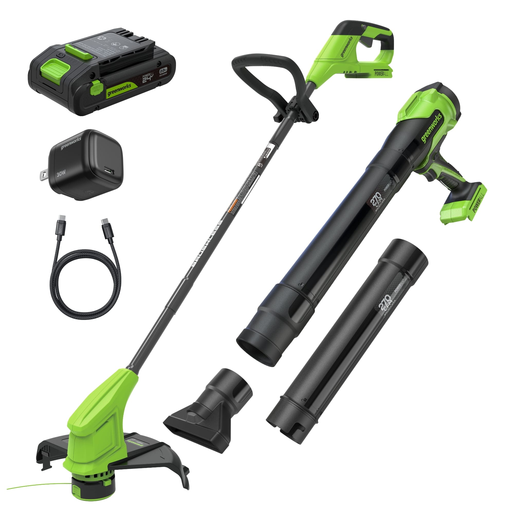Greenworks - 24V 12" Brushless String Trimmer and 270 CFM Leaf Blower Combo, 2.0Ah Battery, 30W USB-C Charger - Green