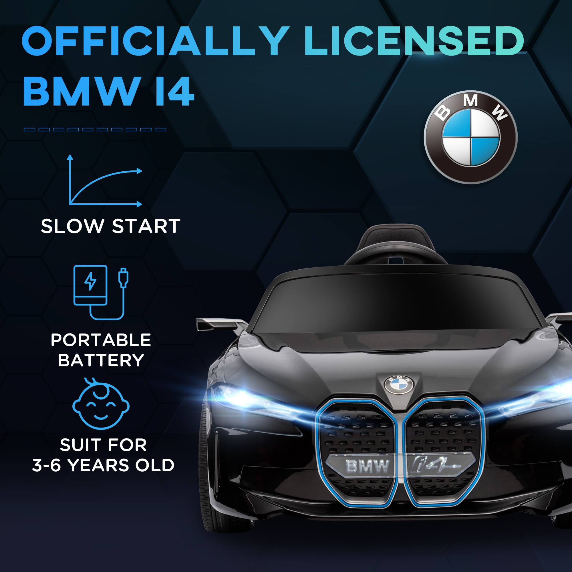 OFFICIALLY LICENSED  
BMW I4  

- SLOW START  
- PORTABLE BATTERY  
- SUIT FOR 3-6 YEARS OLD
