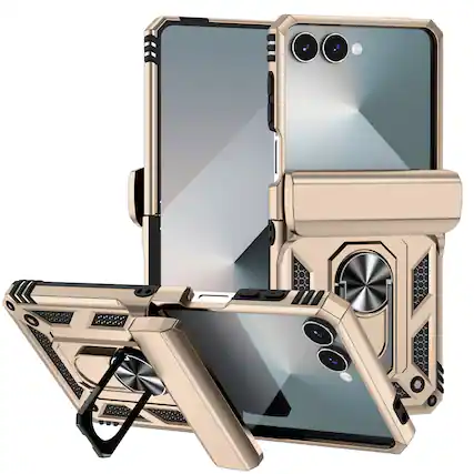 Front. Dteck - For Samsung Galaxy Z Flip 7 Heavy Duty Rugged Case Shockproof Ring Kickstand Hinge Protection Cover Magnetic Car Mount - Gold.