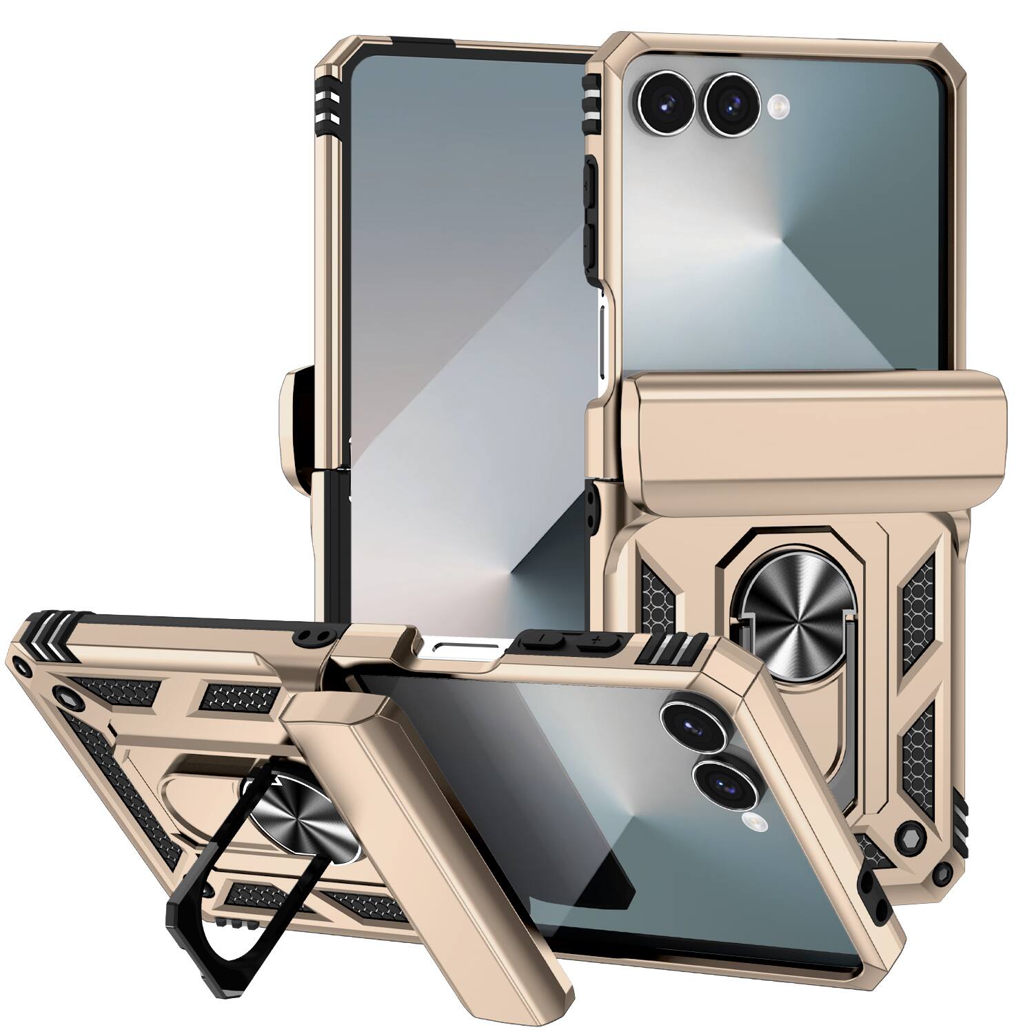 Front. Dteck - For Samsung Galaxy Z Flip 7 Heavy Duty Rugged Case Shockproof Ring Kickstand Hinge Protection Cover Magnetic Car Mount - Gold.