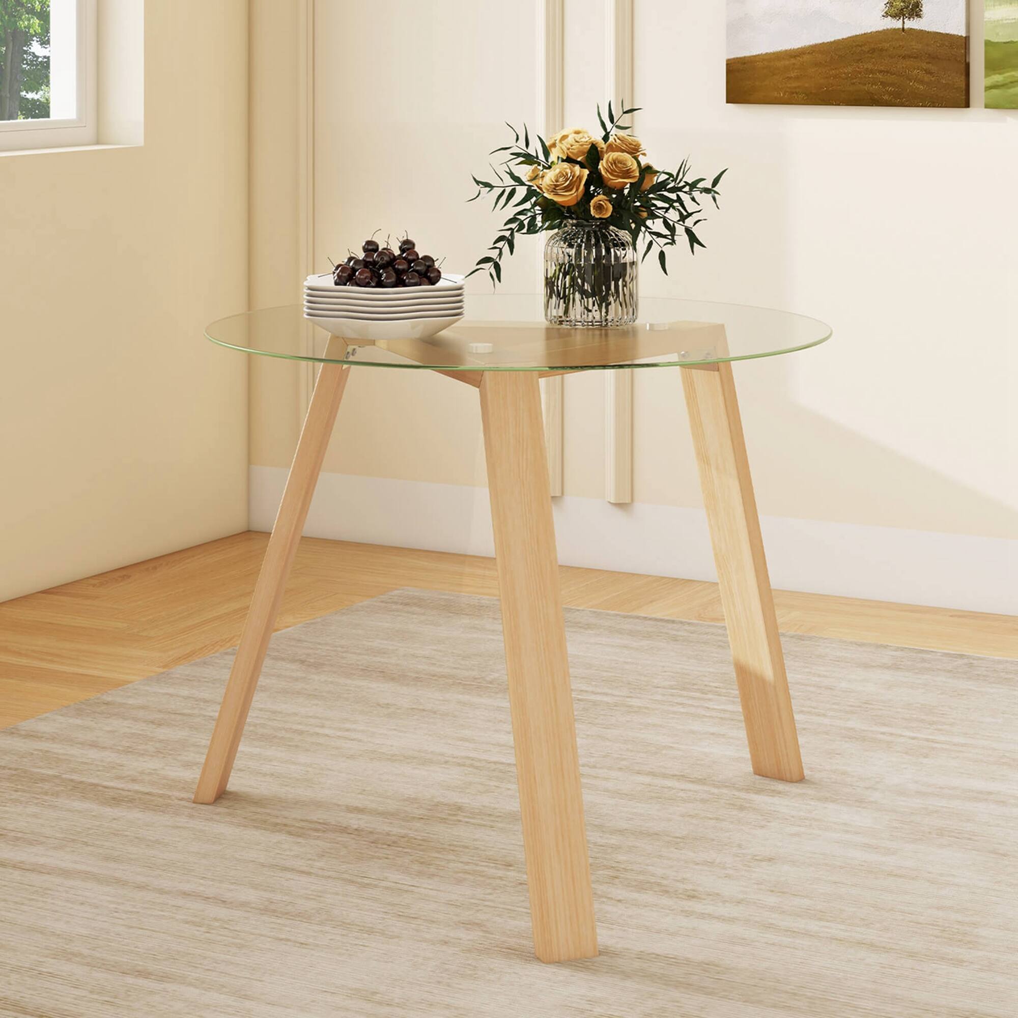 Angle. Costway - 36" Round Glass Dining Table for 4 with Tempered Glass Tabletop Rubber Wood Frame - Natural.