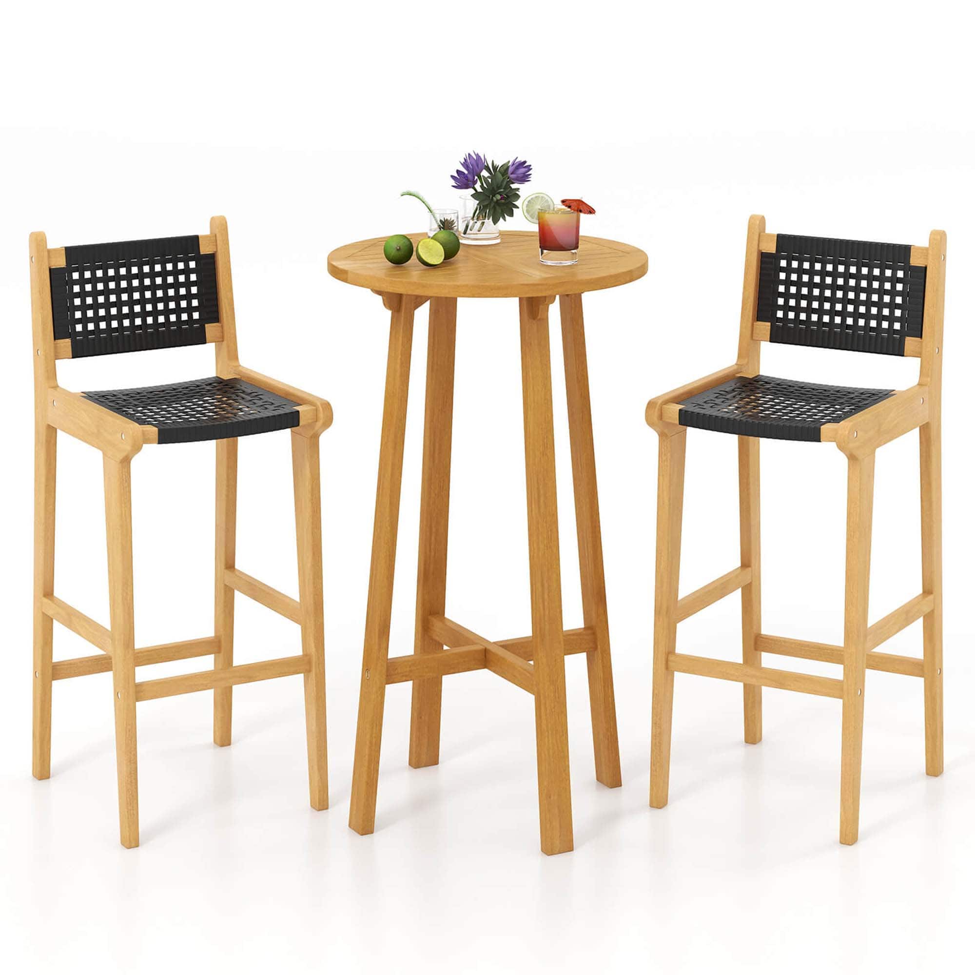 Front. Costway - 3 PCS Patio Bar Set Round Cocktail Table with 2 Armless Rattan Bar Stools - Natural,Black.