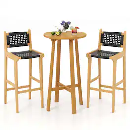 Costway - 3 PCS Patio Bar Set Round Cocktail Table with 2 Armless Rattan Bar Stools - Natural,Black