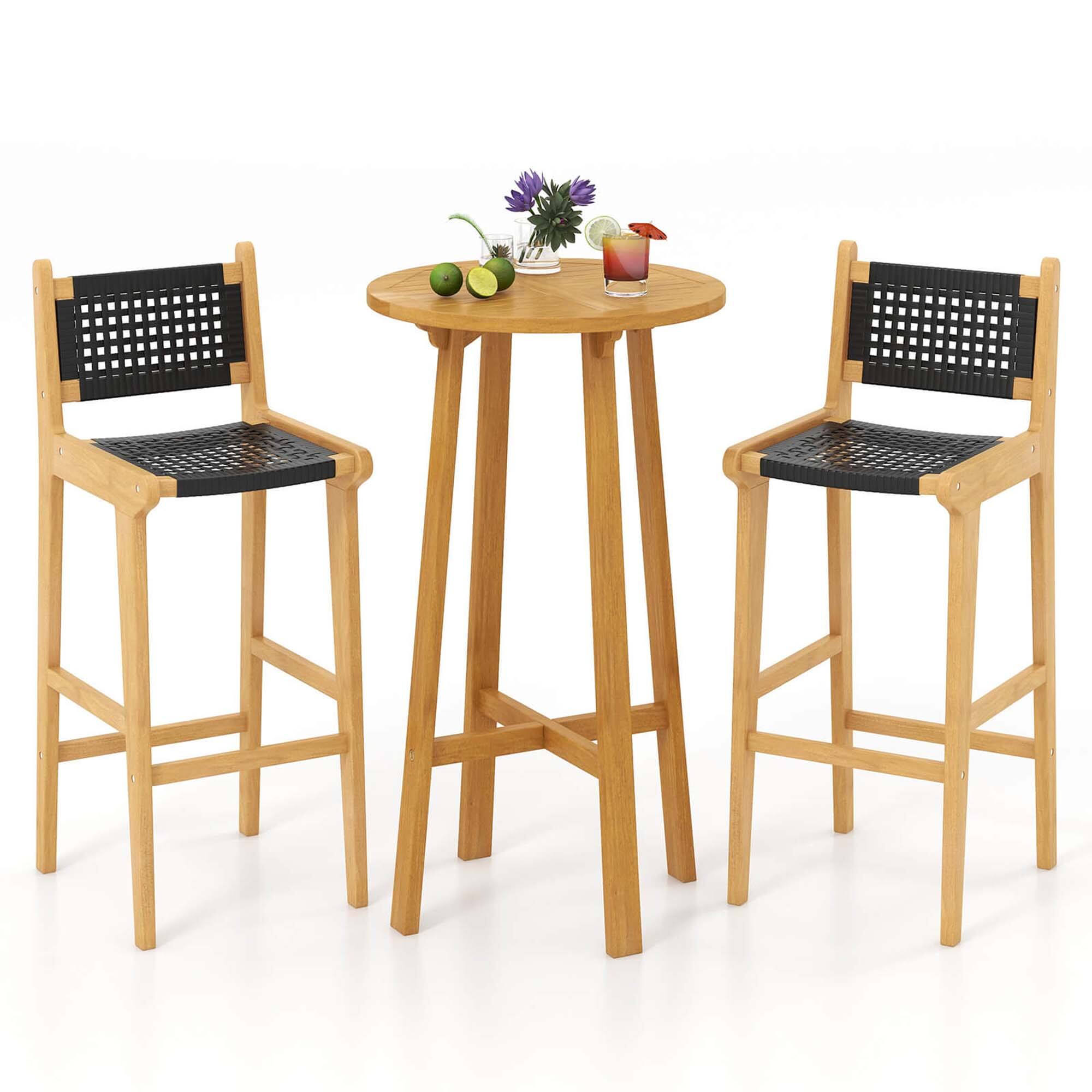 Front. Costway - 3 PCS Patio Bar Set Round Cocktail Table with 2 Armless Rattan Bar Stools - Natural,Black.