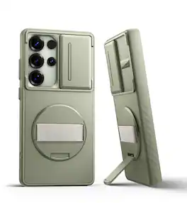 SURITCH - Case for Samsung Galaxy S25 Ultra with 360° Rotatable Hand Strap, Invisible Kickstand, Camera Cover, Rugged Shockproof - Khaki Green