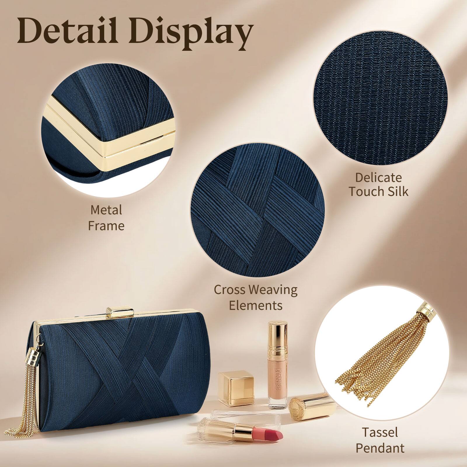 Detail Display

- Metal Frame
- Delicate Touch Silk
- Cross Weaving Elements
- Tassel Pendant