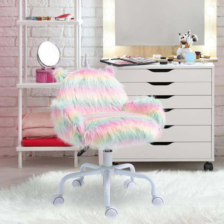Alt View 2. PULUZ - Fluffy Unicorn Office Chair with Mid-Back and Armrest Support, 5 Star Swivel Wheel White Base - Rainbow.