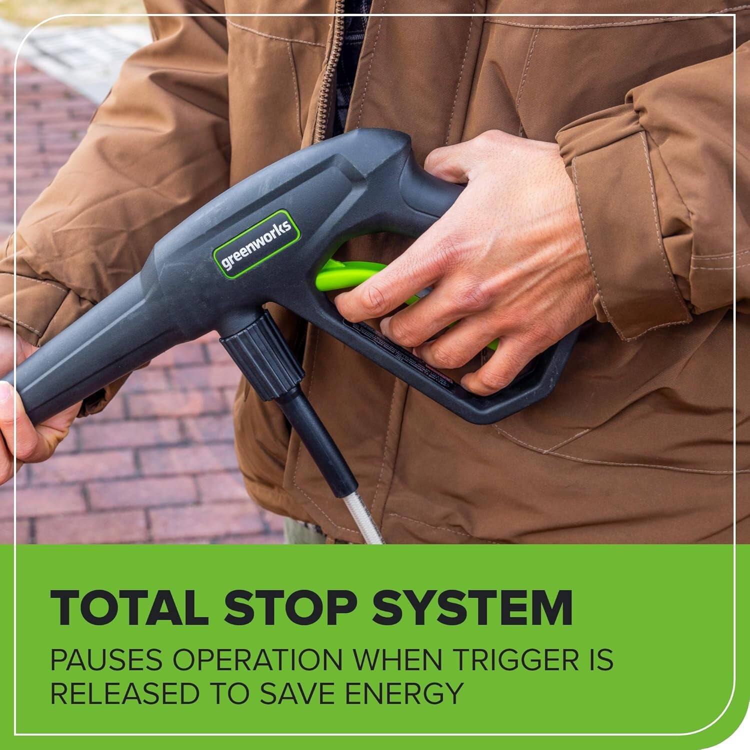 TOTAL STOP SYSTEM  
PAUSES OPERATION WHEN TRIGGER IS RELEASED TO SAVE ENERGY