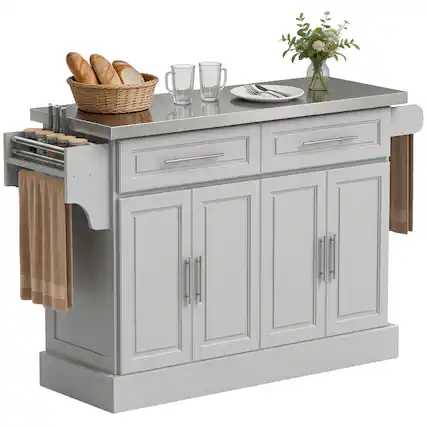 Front. Homcom - Rolling Kitchen Island Cart, Portable Table with Stainless Steel Top, Adjustable Shelves, Knife and Towel Rack - Grey.
