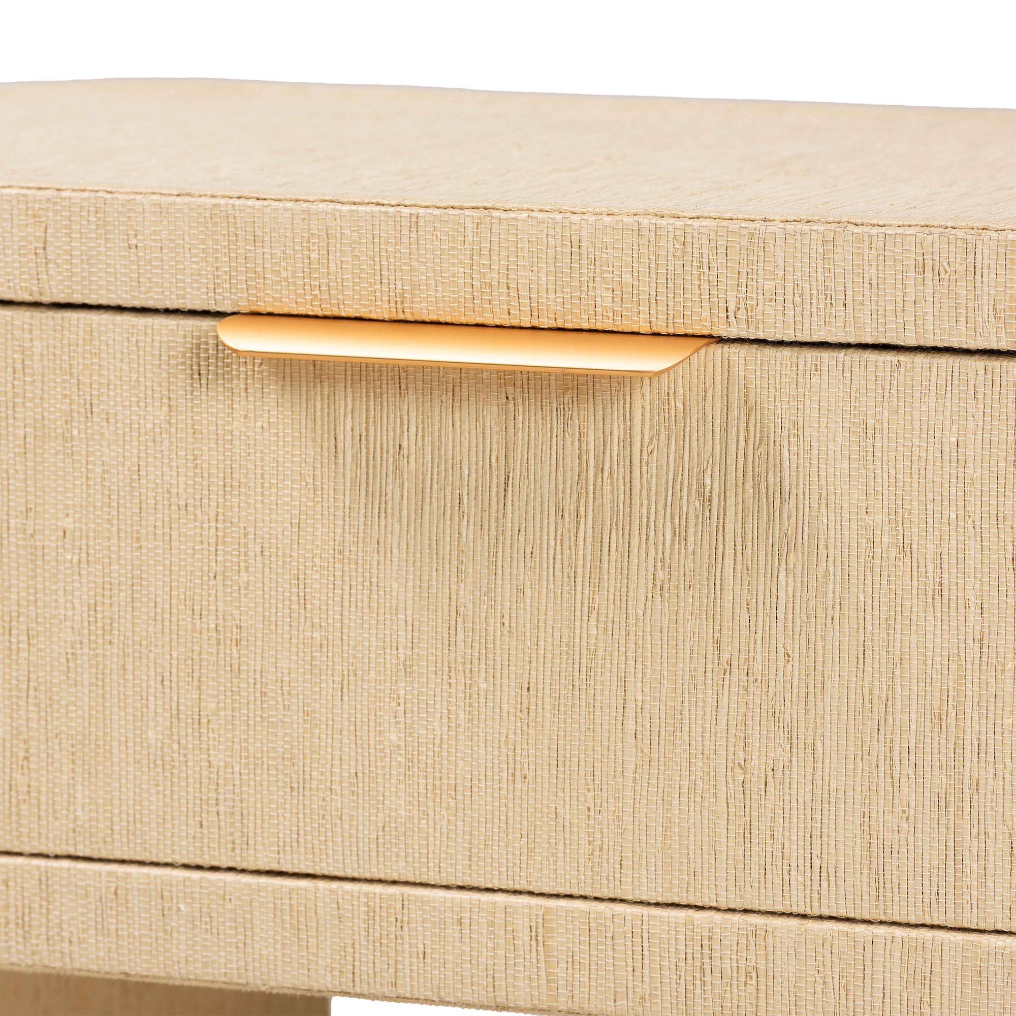 Alt View 2. bali & pari - Beauford Grasscloth 1-Drawer Nightstand with Open Shelf - Woven Texture Bedside Table, Accent Table - Light Brown/Gold.