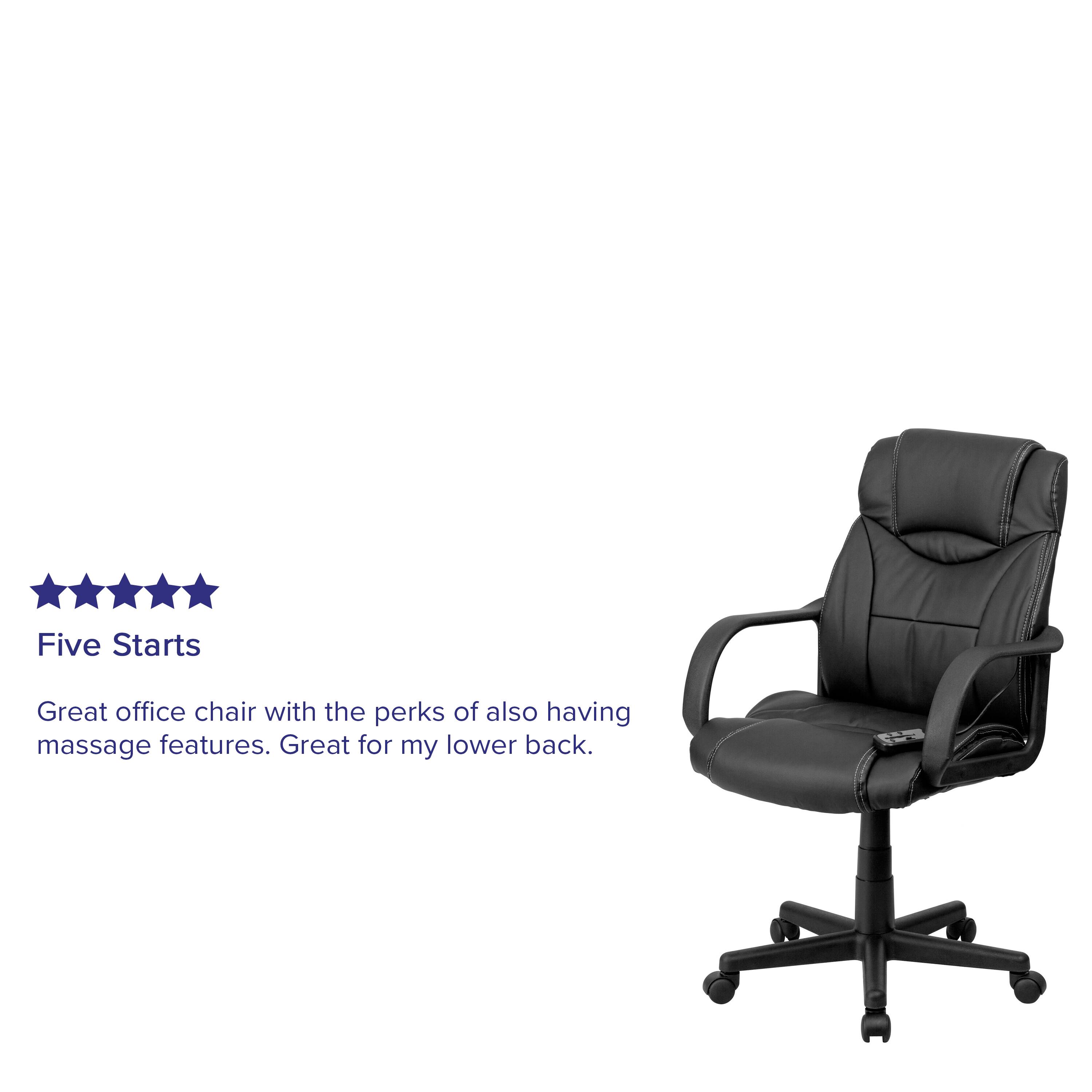 Five Stars

Great office chair with the perks of also having massage features. Great for my lower back.