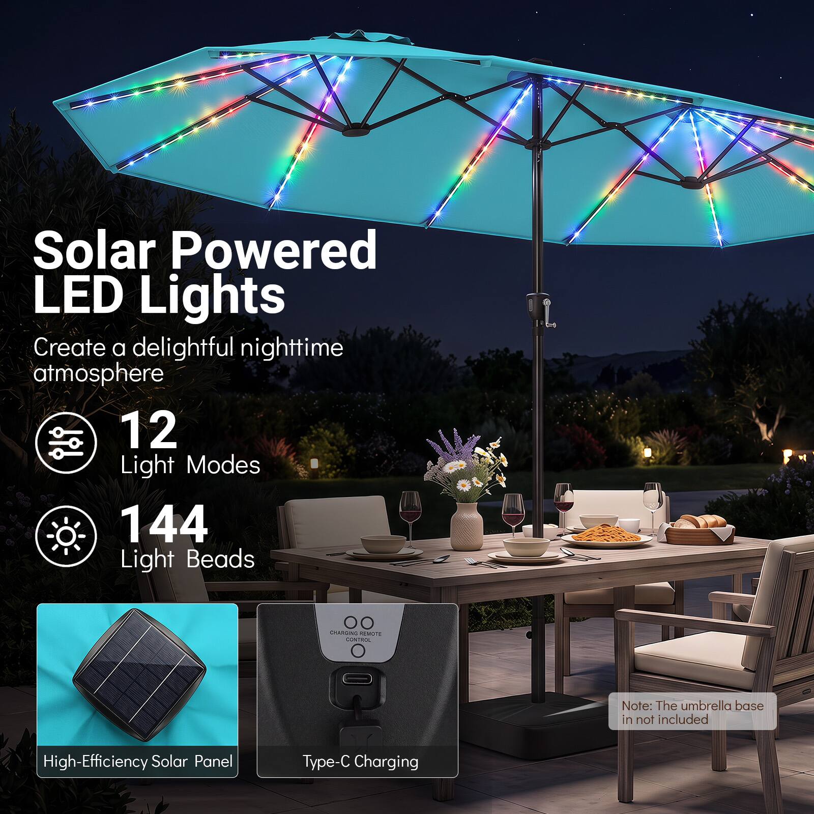 Solar Powered LED Lights  
Create a delightful nighttime atmosphere  
12 Light Modes  
144 Light Beads  

00 CHARGING REMOTE CONTROL O  

Note: The umbrella base is not included  

High-Efficiency Solar Panel  
Type-C Charging