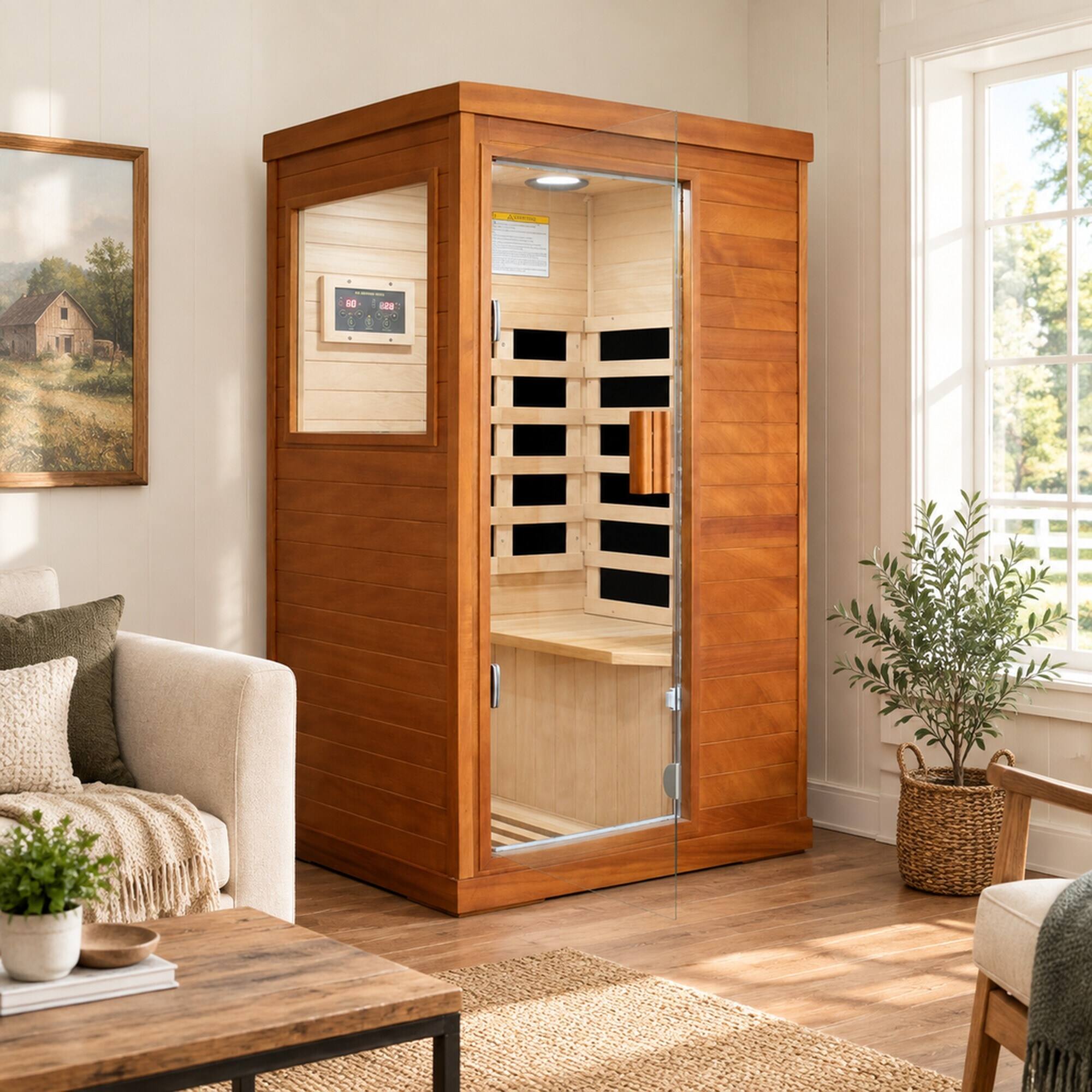 Alt View 1. RYHNUYNE - Infrared Sauna Room, Single Person, 700 x 895 x 1565 mm, Okoume Wood, 800W, 5 Heating Plates, Bluetooth, LED Light - Natural.