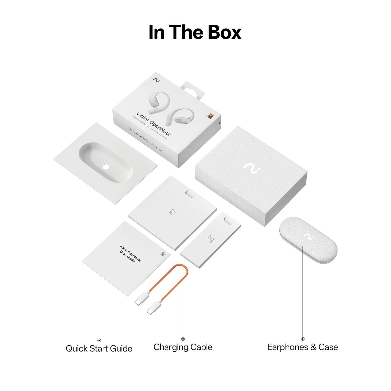 In The Box

- viaim OpenNote
- Quick Start Guide
- Charging Cable
- Earphones & Case