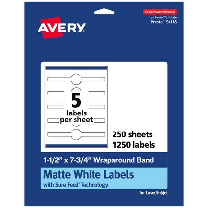 Go to avery.com/templates
AVERY
Use Avery Template Presta 94118
5 labels per sheet
250 sheets
1250 labels
1-1/2" x 7-3/4" Wraparound Band Matte White Labels with Sure Feed Technology for Laser/Inkjet
