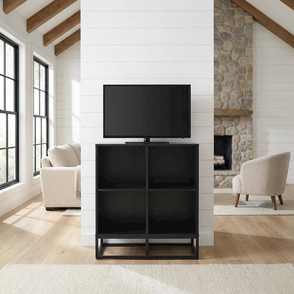 Alt View 1. FurniFact - Dark Wood Finish 4-Cube Record Player Stand with Vinyl Storage - White.