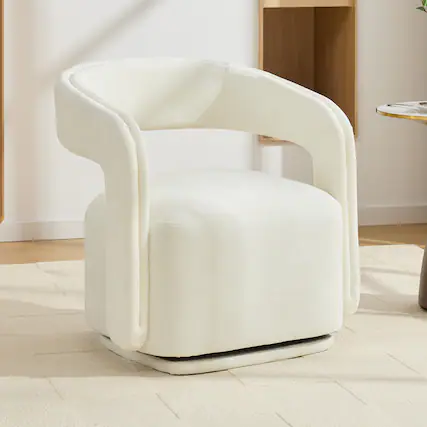Front. Whisen - Chenille Swivel Chair,Comfy Barrel Accent Armchair with 360° Rotating Base for Living Room - White.