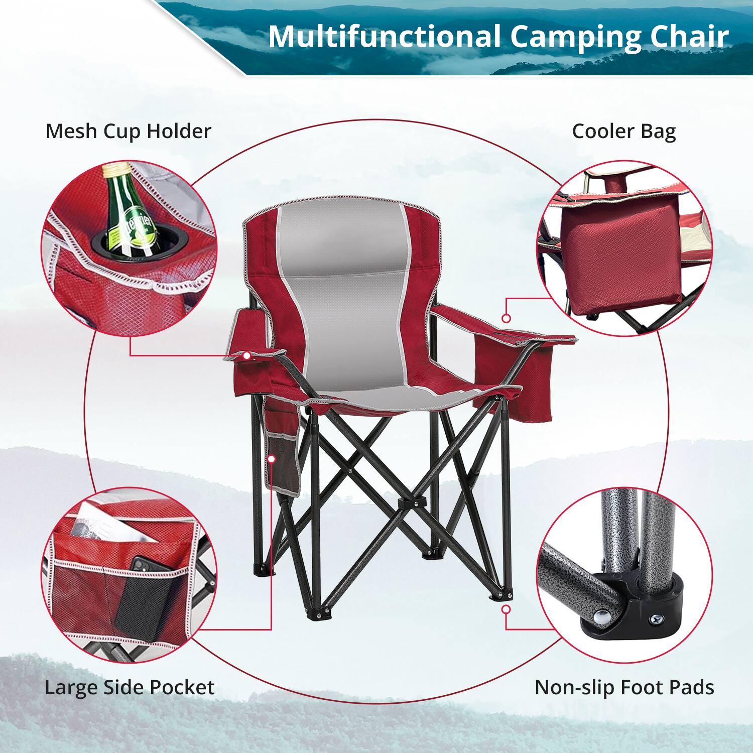 Multifunctional Camping Chair: Mesh Cup Holder, Cooler Bag, Large Side Pocket, Non-slip Foot Pads