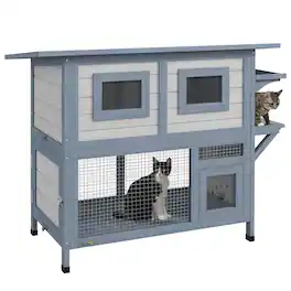 Pawhut - Outdoor Cat House Weatherproof, 2-Story, Escape Door, Asphalt Roof, Jump Platform, Large Wooden, for Outside Feral Cats