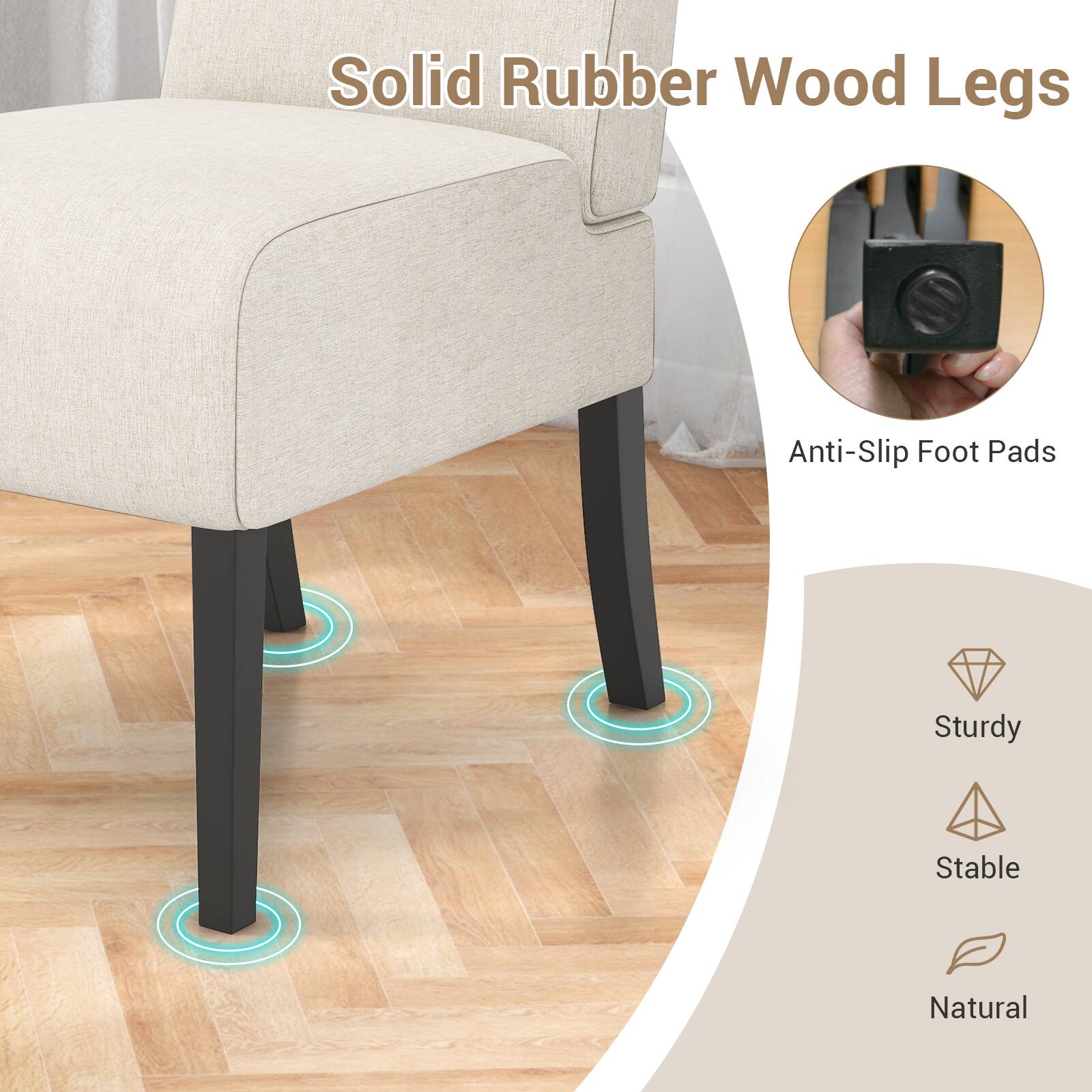 Solid Rubber Wood Legs, Anti-Slip Foot Pads, Sturdy, Stable, Natural
