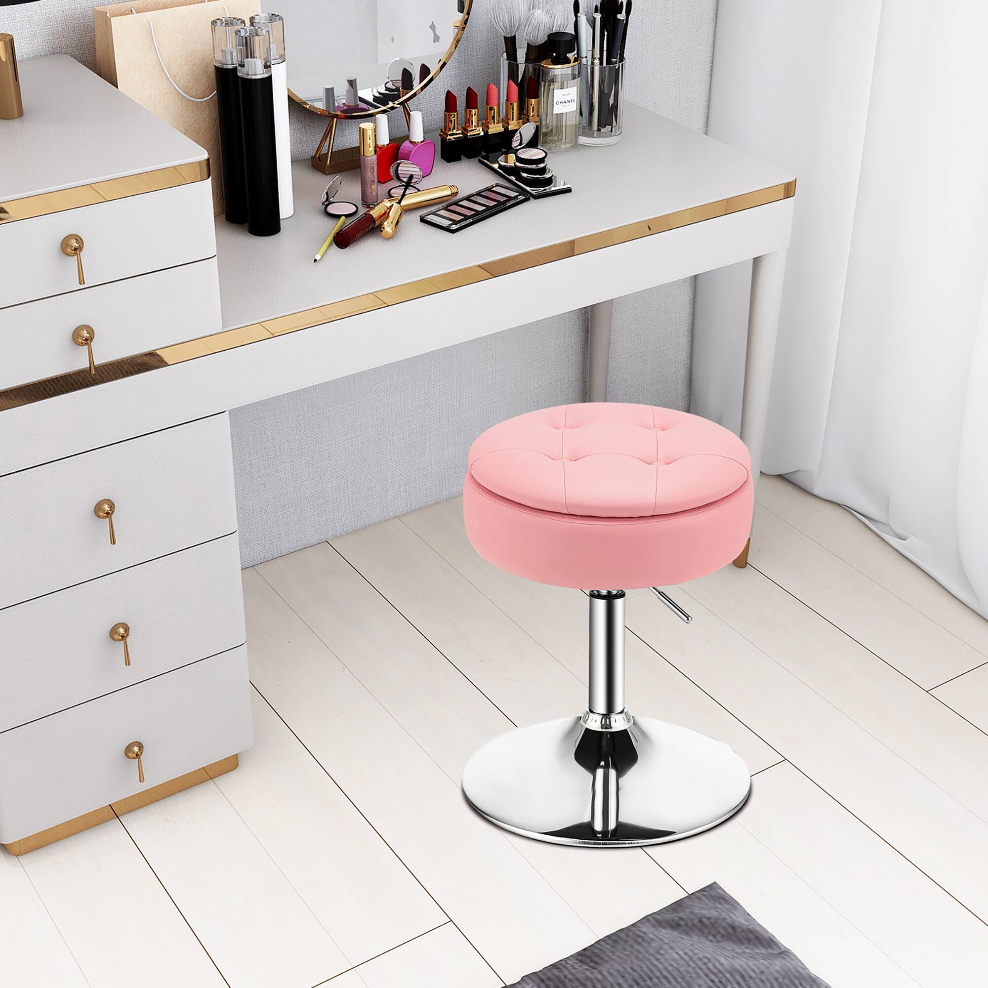Angle. Costway - Set of 3 Adjustable Metal Vanity Stool 360° Swivel Storage Makeup Chair with  Tray - Pink.