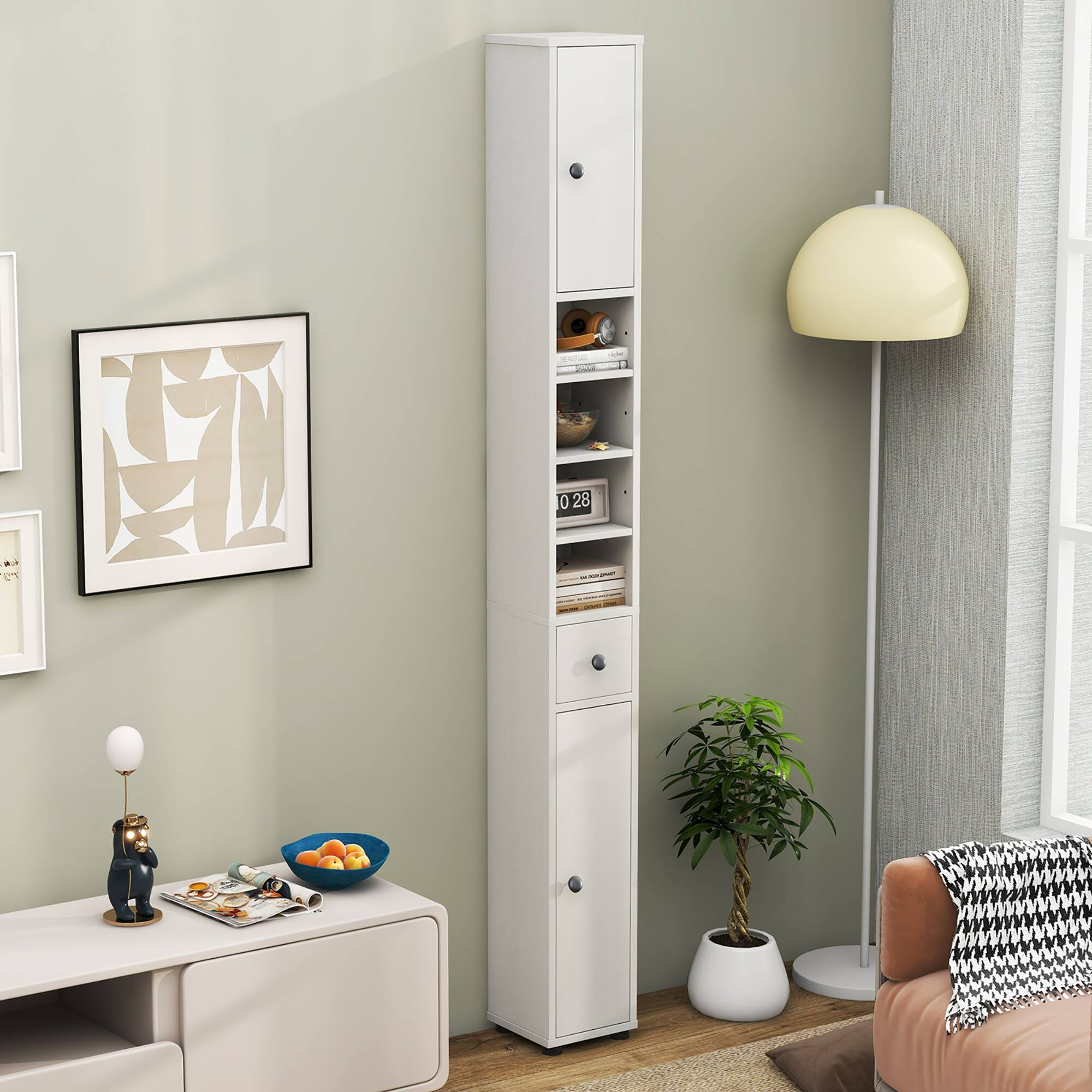 Alt View 1. Gymax - Gymax Tall Slim Bathroom Storage Cabinet Linen Tower w/ Drawer & Adjustable Shelves - White.