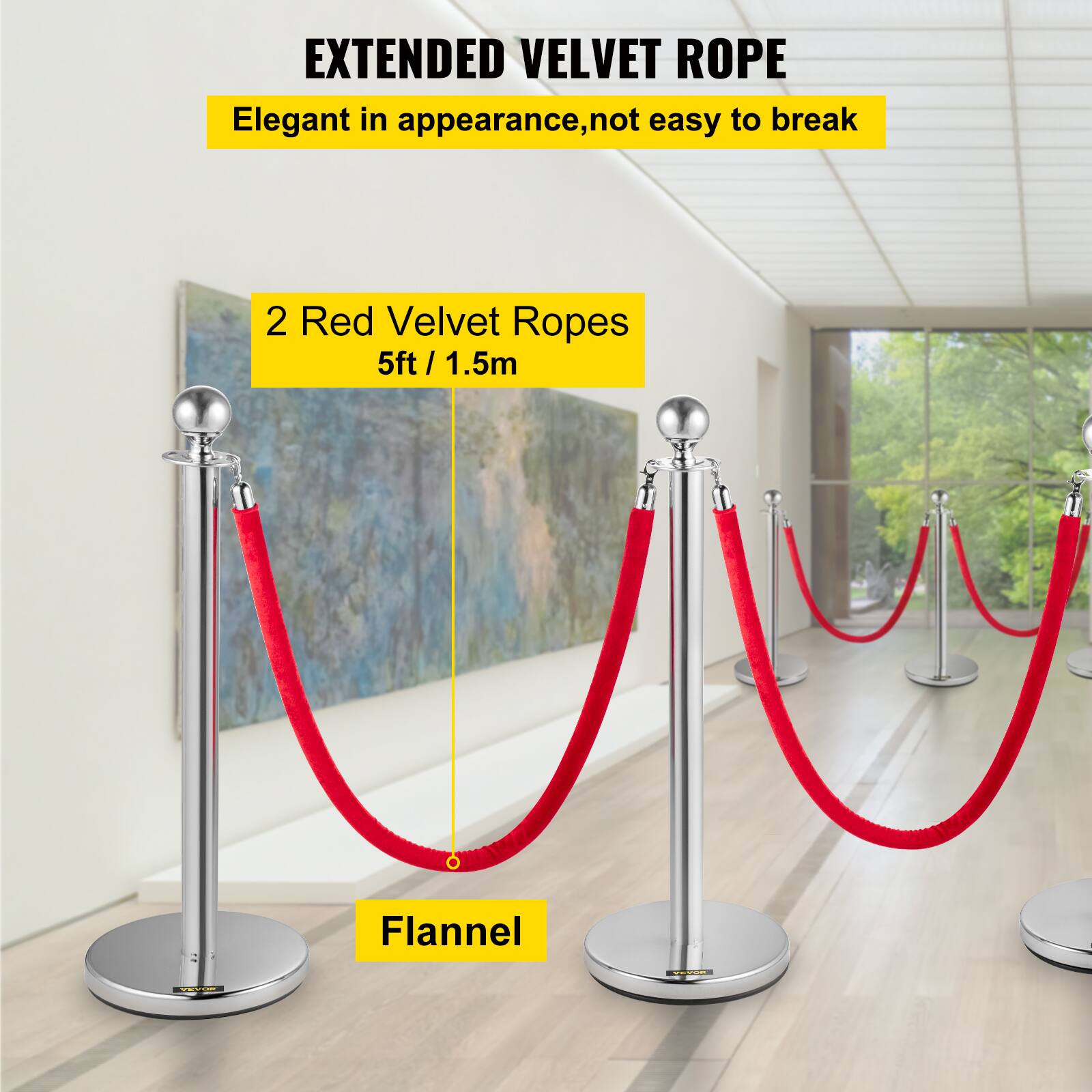 EXTENDED VELVET ROPE  
Elegant in appearance, not easy to break  

2 Red Velvet Ropes  
5ft / 1.5m  

Flannel