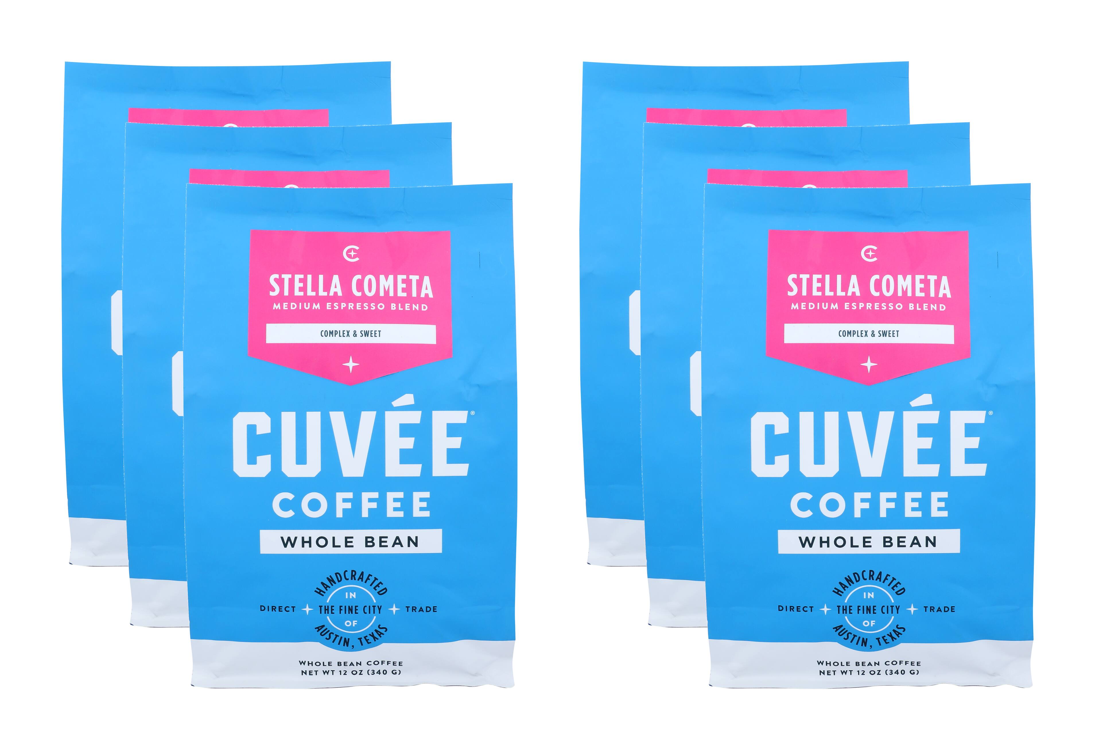 STELLA COMETA  
MEDIUM ESPRESSO BLEND  
COMPLEX & SWEET  

CUVÉE  
COFFEE  
WHOLE BEAN  

HANDCRAFTED IN  
DIRECT + THE FINE CITY + TRADE  
OF AUSTIN, TEXAS  

WHOLE BEAN COFFEE  
NET WT 12 OZ (340 G)