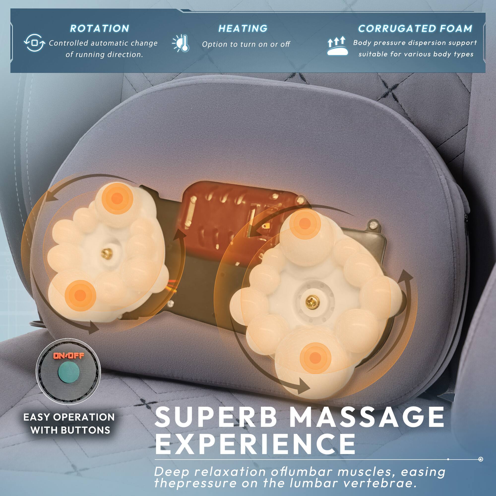 ROTATION  
Controlled automatic change of running direction.  

HEATING  
Option to turn on or off  

CORRUGATED FOAM  
Body pressure dispersion support suitable for various body types  

EASY OPERATION  
SUPERB MASSAGE EXPERIENCE  
Deep relaxation of lumbar muscles, easing the pressure on the lumbar vertebrae.