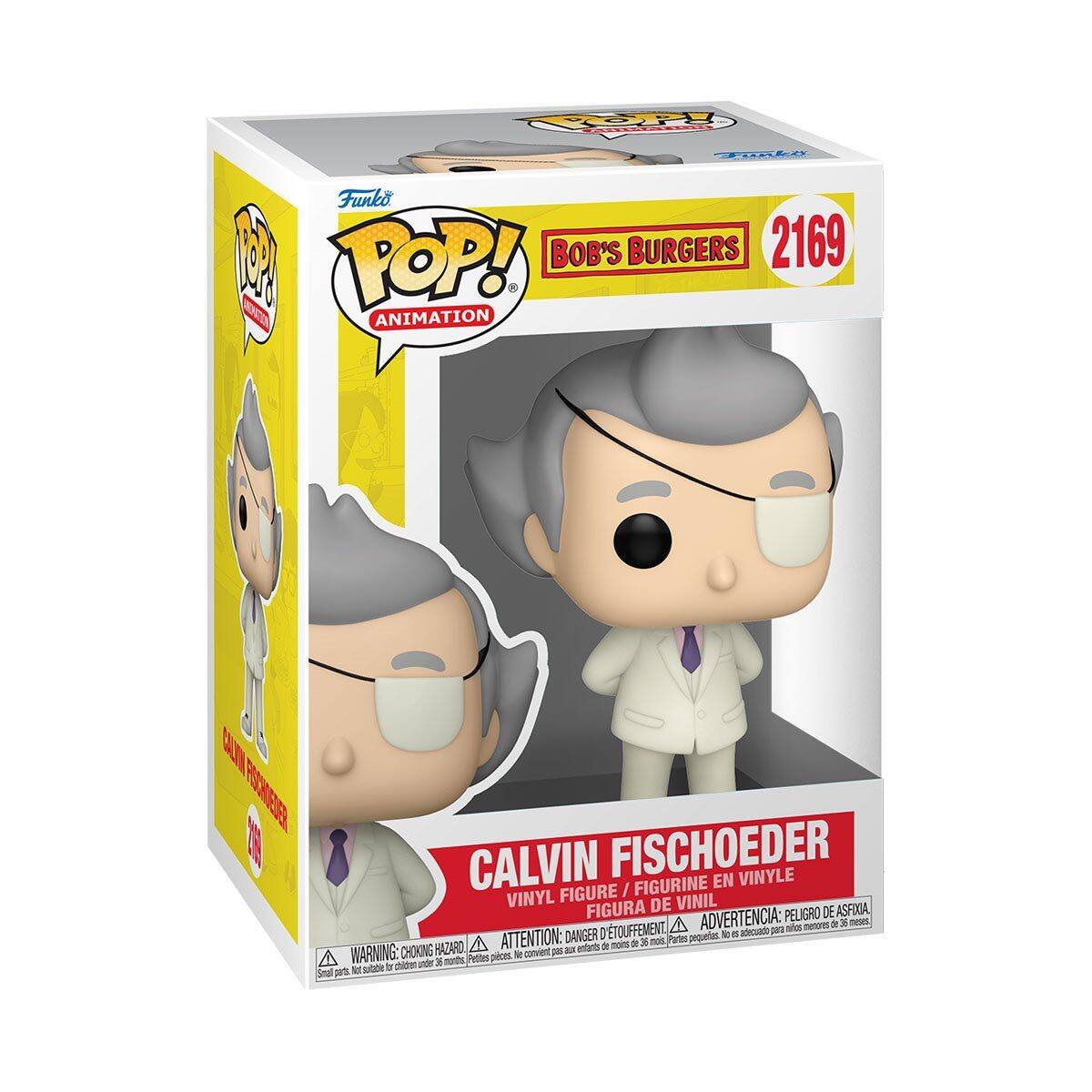Sure, here is the corrected and grouped text from the image:

---

**Funko POP! ANIMATION**

**BOB'S BURGERS**

**2169**

**CALVIN FISCHOEDEER**

**VINYL FIGURE / FIGURINE EN VINYLE / FIGURA DE VINIL**

**WARNING: CHOKING HAZARD - Small parts. Not for children under 3 years.**

**ATTENTION: DANGER D'ETOUFFEMENT - Petites pièces. Ne convient pas aux enfants de moins de 3 ans.**

**ADVERTENCIA: PELIGRO DE ASFIXIA - Piezas pequeñas. No es adecuado para niños menores de 3 años.**

---

This text is taken directly from the packaging and grouped accordingly.