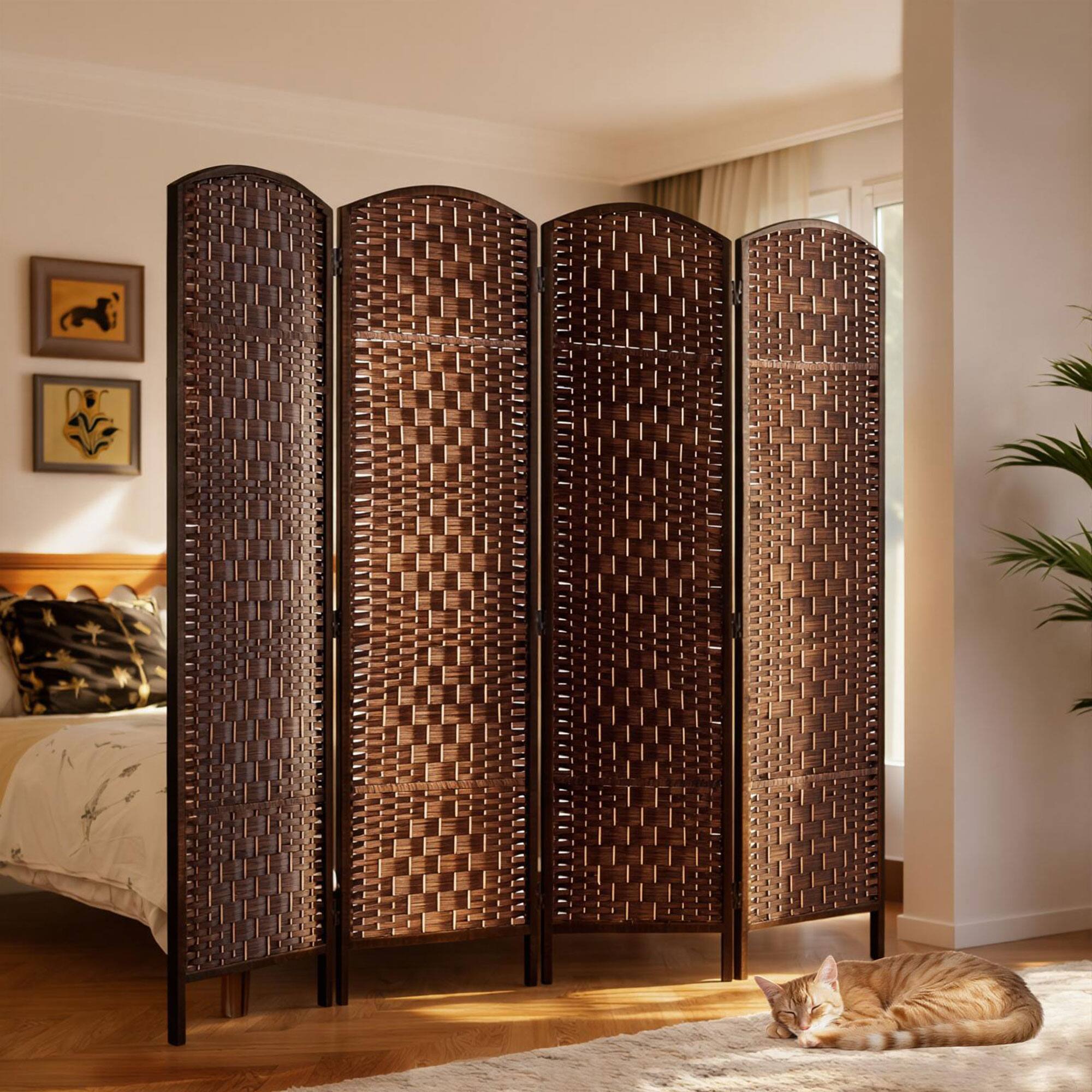 Alt View 7. Homcom - Divider 4 Panel, 6FT Tall Folding Privacy Screen, Freestanding Hand-Woven Partition for Room Separation with 360° Hinges - Brown.