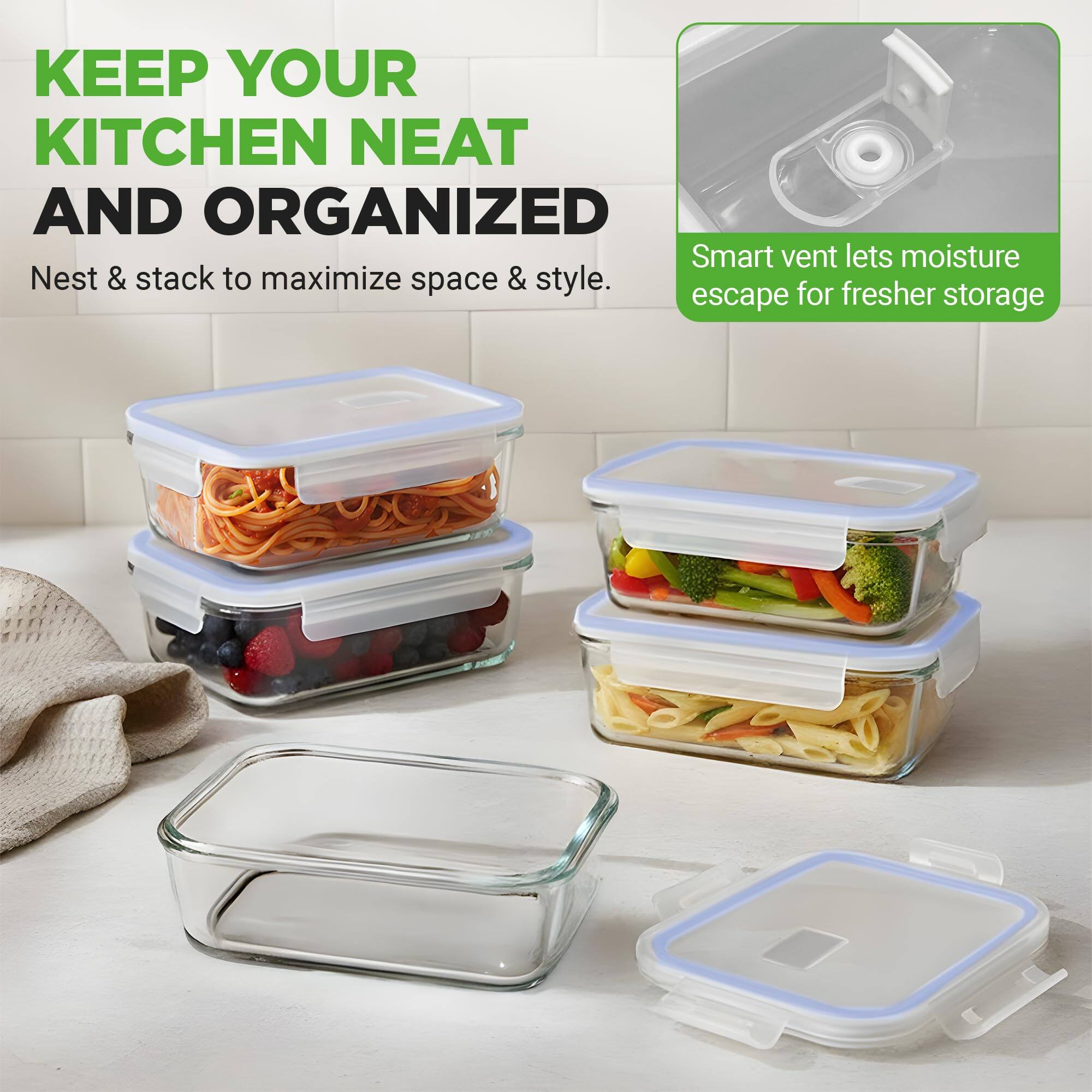 KEEP YOUR KITCHEN NEAT AND ORGANIZED

Nest & stack to maximize space & style.

Smart vent lets moisture escape for fresher storage
