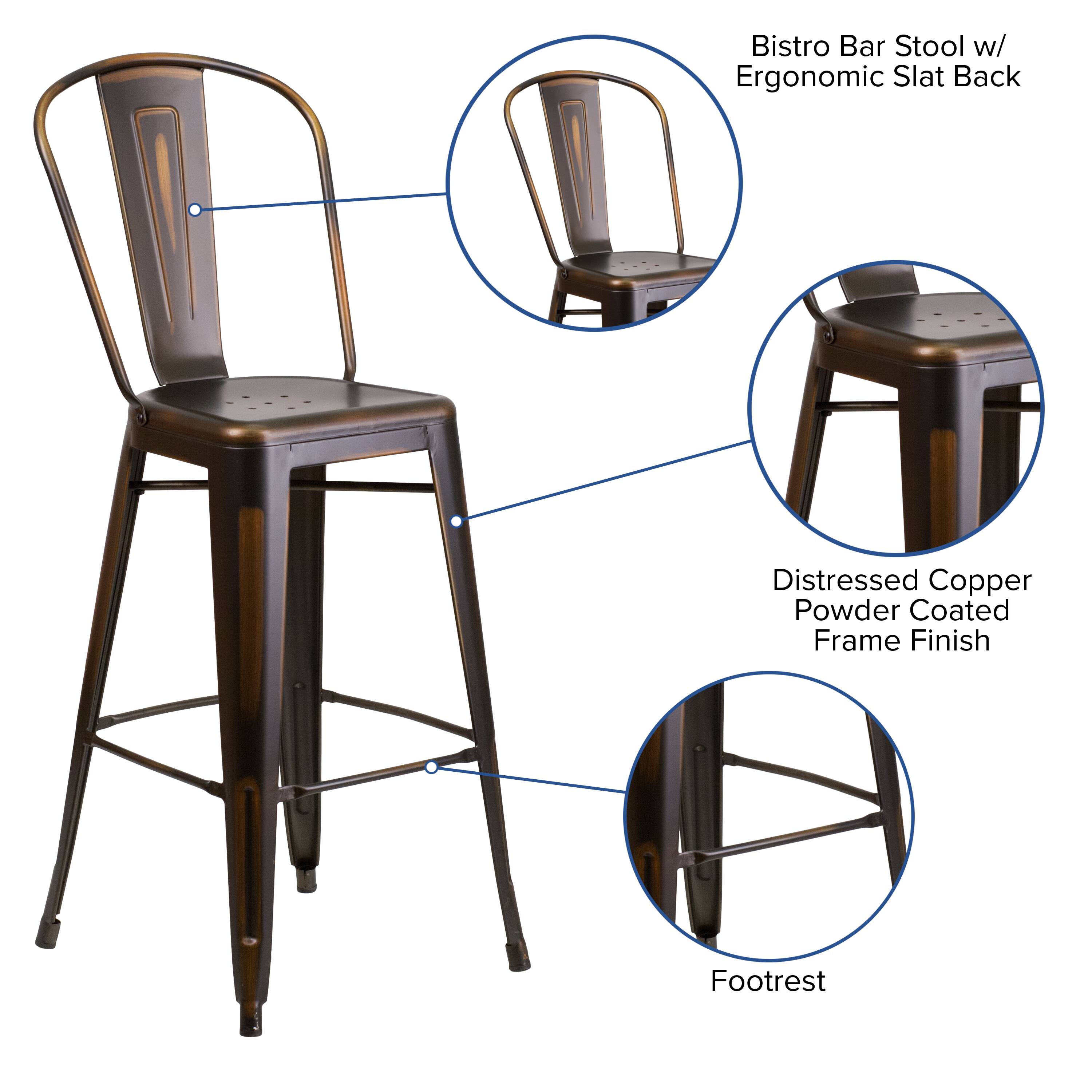 Bistro Bar Stool w/ Ergonomic Slat Back  
Distressed Copper Powder Coated Frame Finish  
Footrest