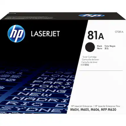 hp LASERJET
81A
CF281A
Black / Tinta Negra / Noire / 黑色
Toner Cartridge / Cartouche de toner / Cartucho de toner / 打印硒鼓
HP LaserJet Enterprise / HP LaserJet Enterprise Flow
M604, M605, M606, MFP M630
