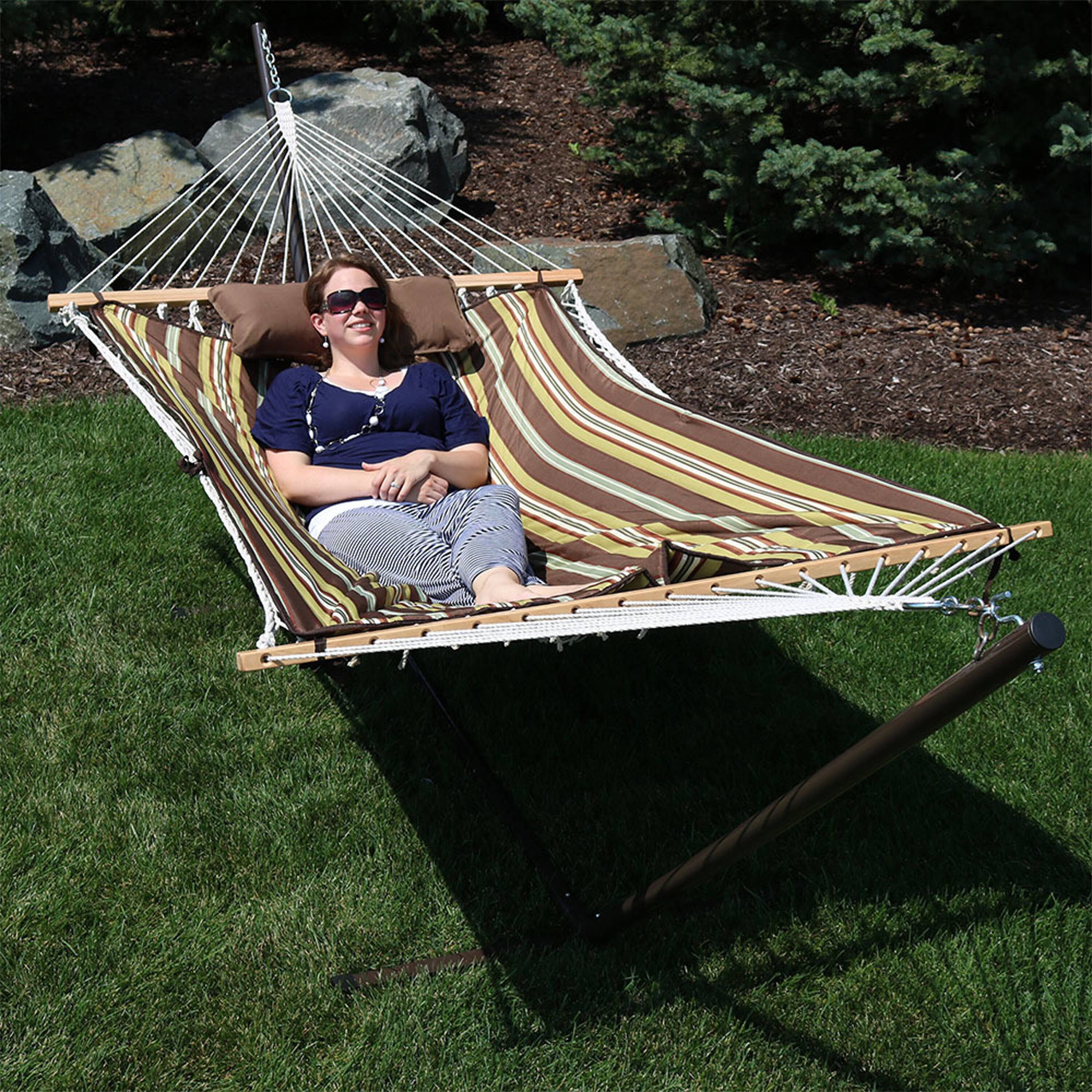 Alt View 9. Sunnydaze - 2-Person Rope Hammock with Steel Stand and Pad/Pillow - Desert Stripe.
