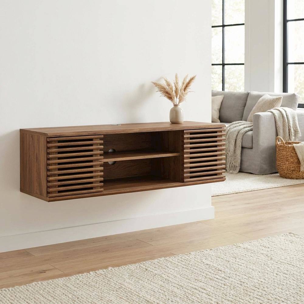 Left. FurniFact - Wooden brown wall-mount TV console with sleek design and sturdy build - Brown.