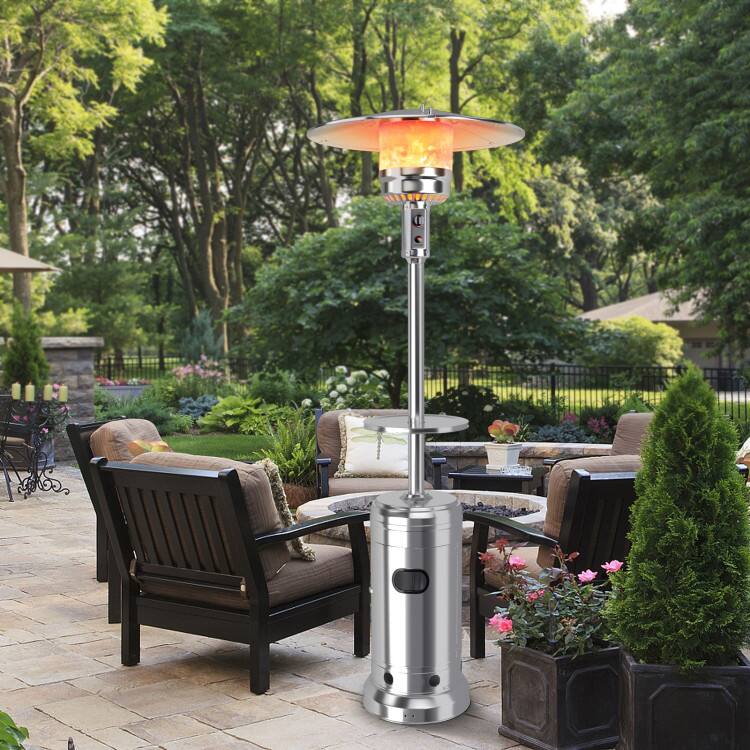 Left. Mondawe - 48,000 BTU Standing Outdoor Heater Propane LP Gas Steel with Table and Wheels - Silver.