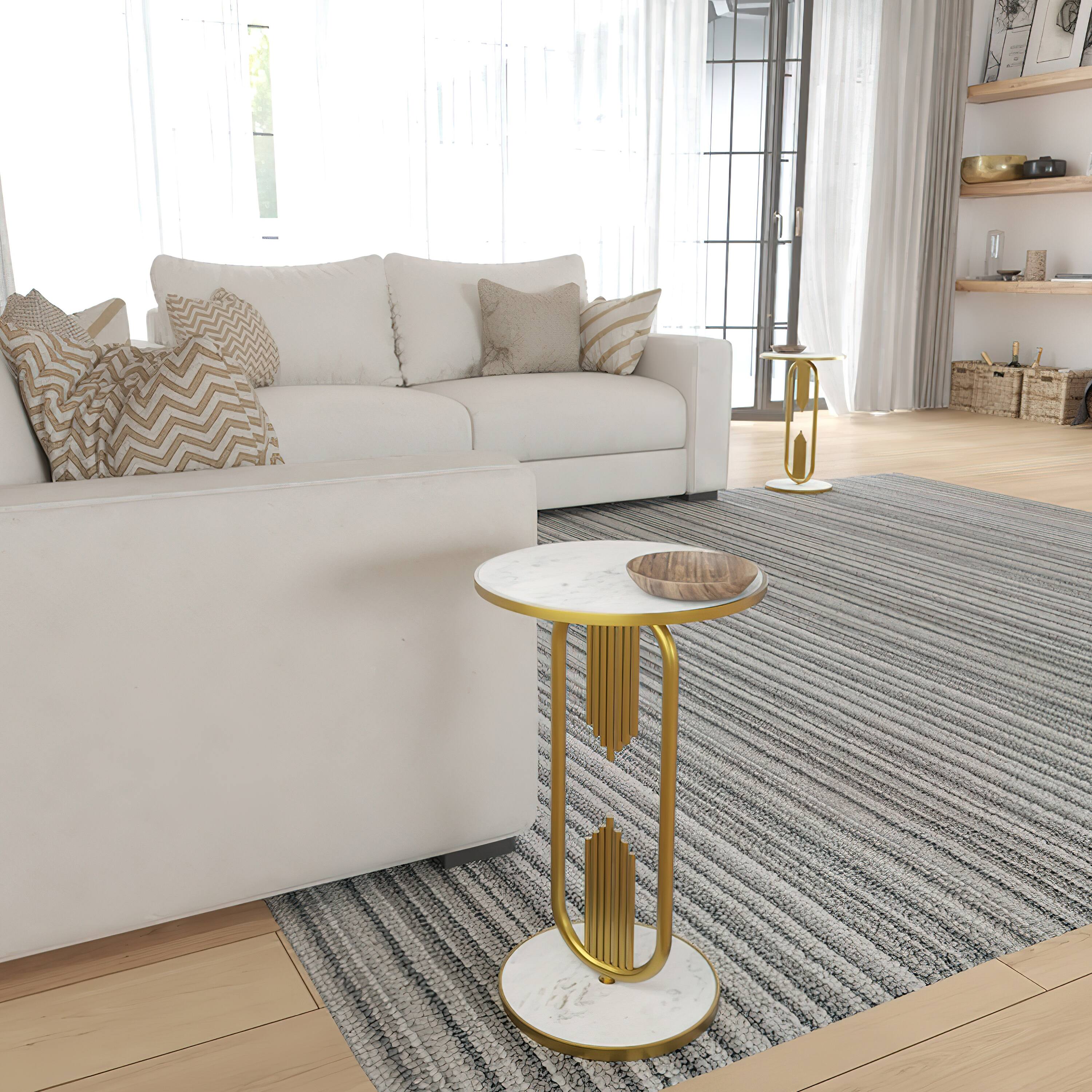 Alt View 10. Manhattan Lane - Soho Side End Table with Round Marble Top, Gold Oblong Frame, 21-Inch Height - Gold, White.