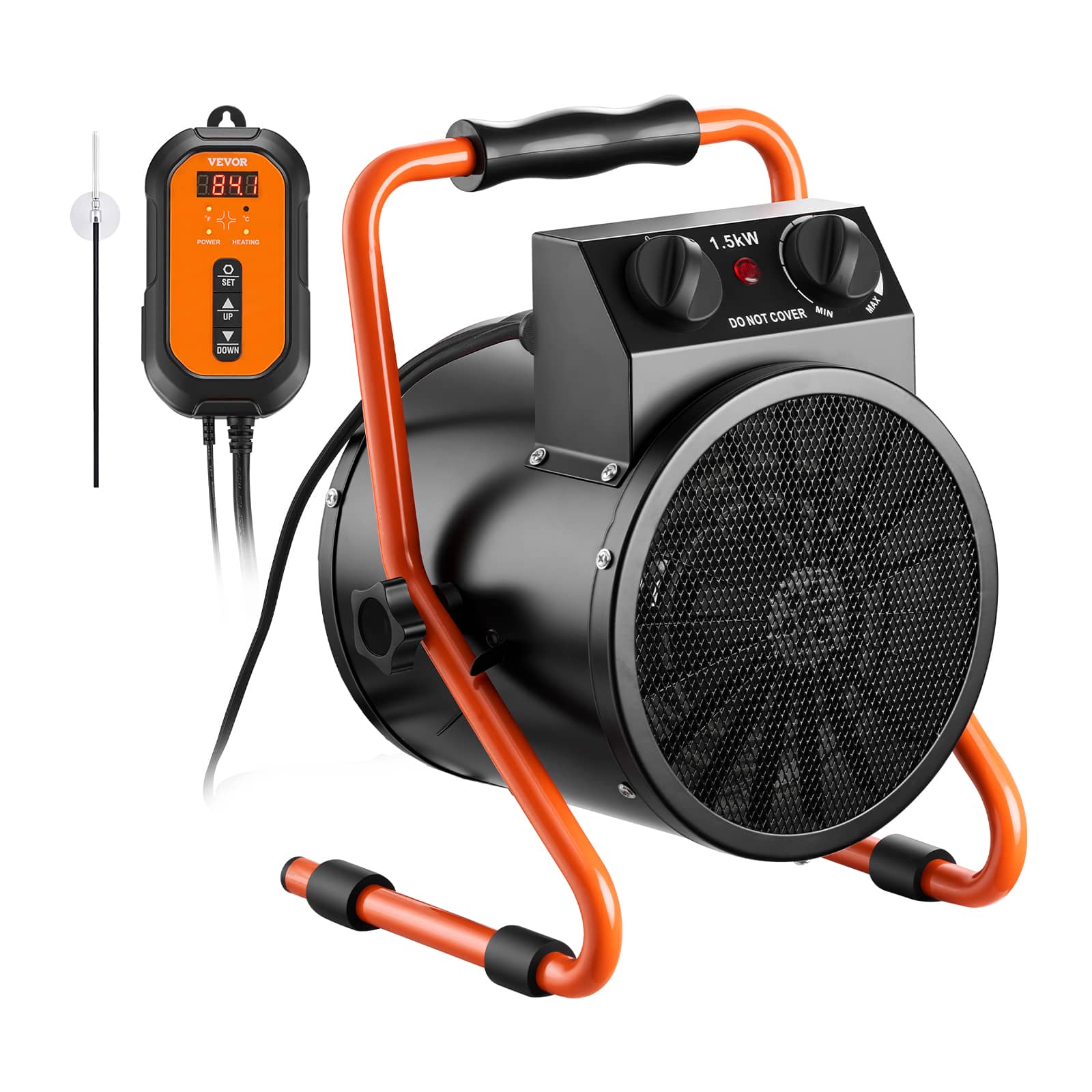 VEVOR - Greenhouse Heater, 1500W Electric Space Heater with Thermostat, Fan & High Heat Modes, 25° Adjustable Angle - Black;Orange