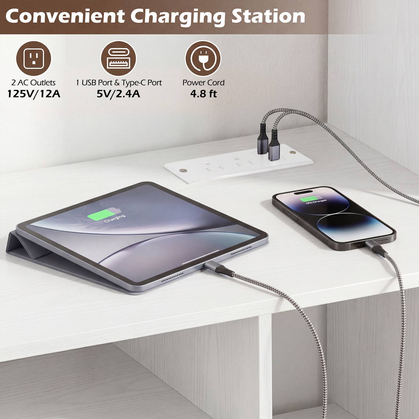 Convenient Charging Station  
2 AC Outlets 125V/12A  
1 USB Port & Type-C Port 5V/2.4A  
Power Cord 4.8 ft