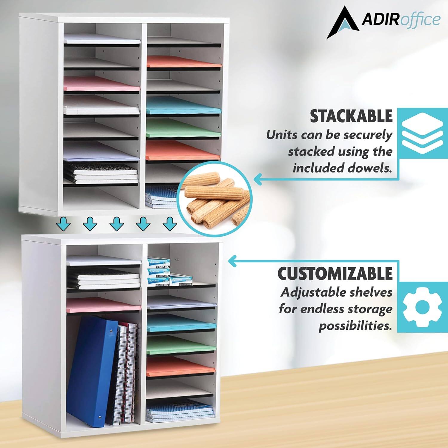 ADIR office STACKABLE Units can be securely stacked using the included dowels. CUSTOMIZABLE Adjustable shelves for endless storage possibilities.