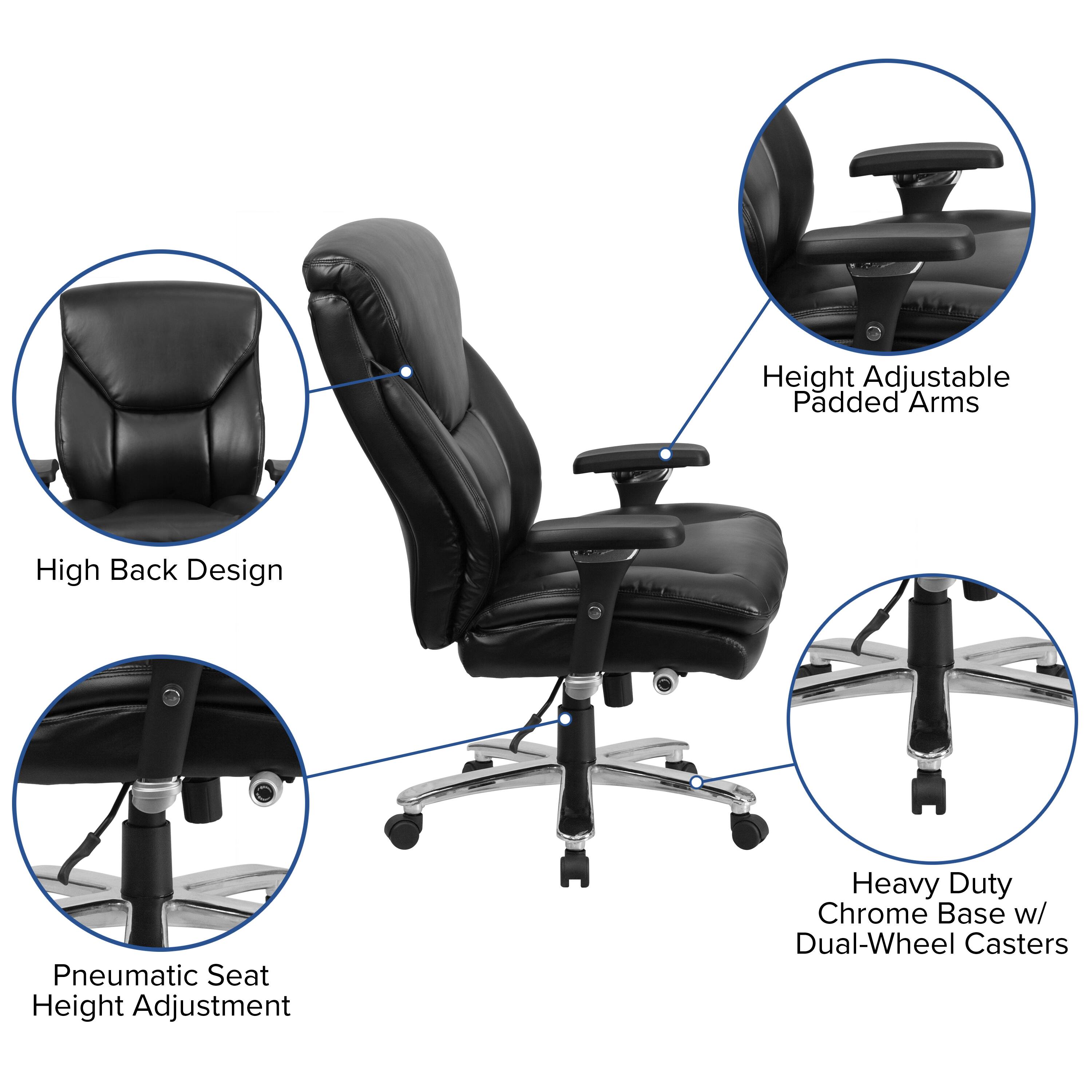 Height Adjustable Padded Arms  
High Back Design  
Pneumatic Seat Height Adjustment  
Heavy Duty Chrome Base w/ Dual-Wheel Casters
