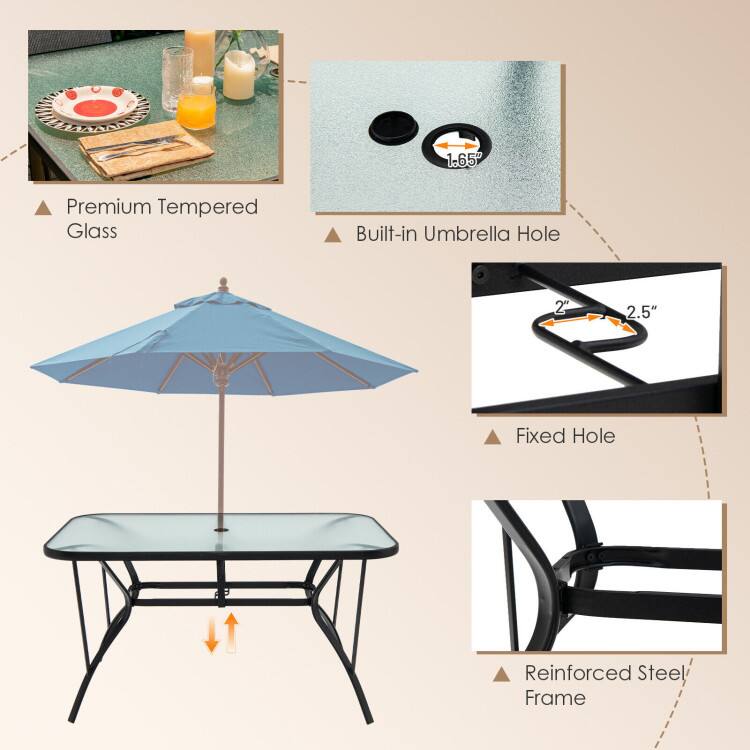1-65 Premium Tempered Glass Built-in Umbrella Hole 1.65" 2" 2.5" Fixed Hole Reinforced Steel Frame
