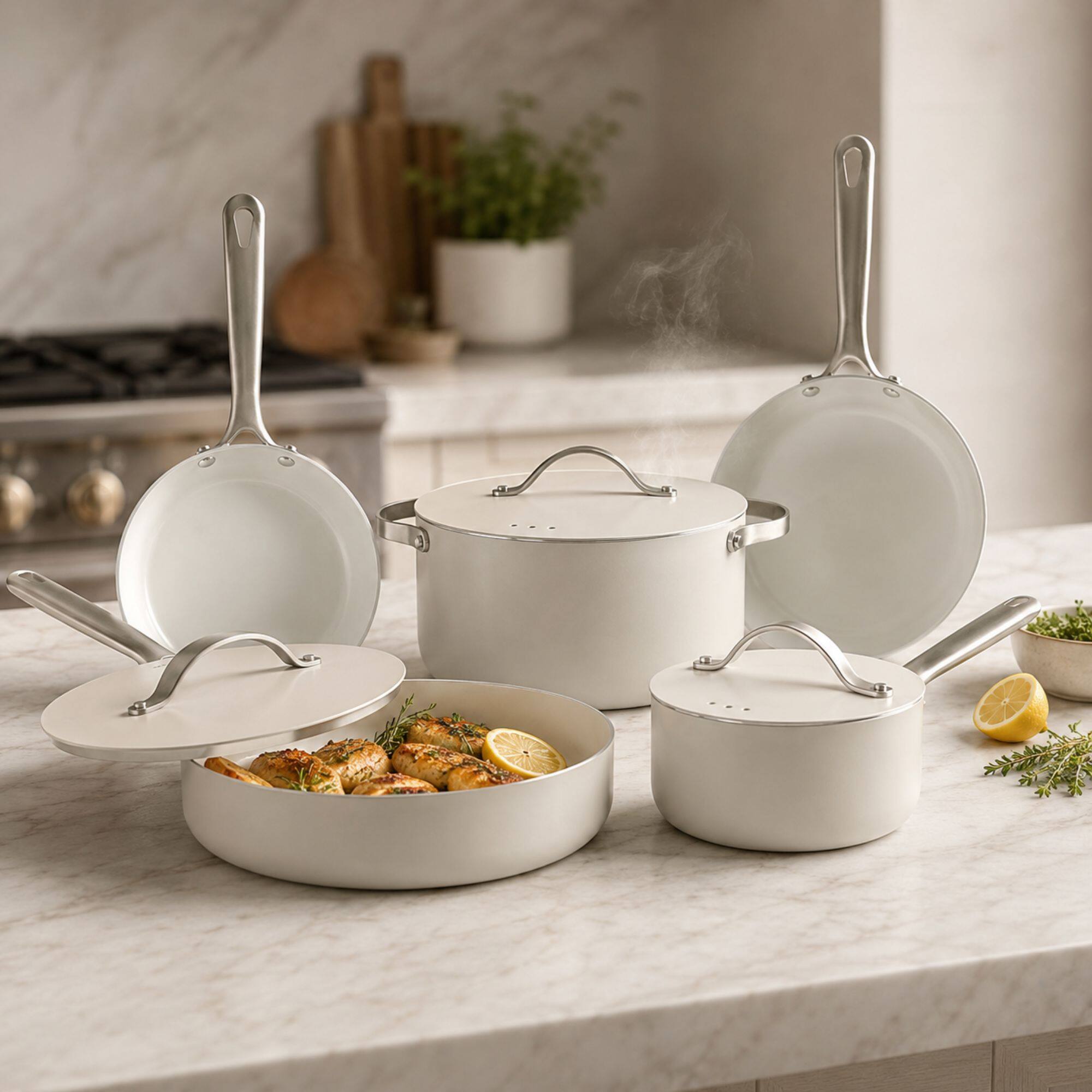 Alva Mobi Ceramic Nonstick 8 Piece Cookware Set Cannoli Cream