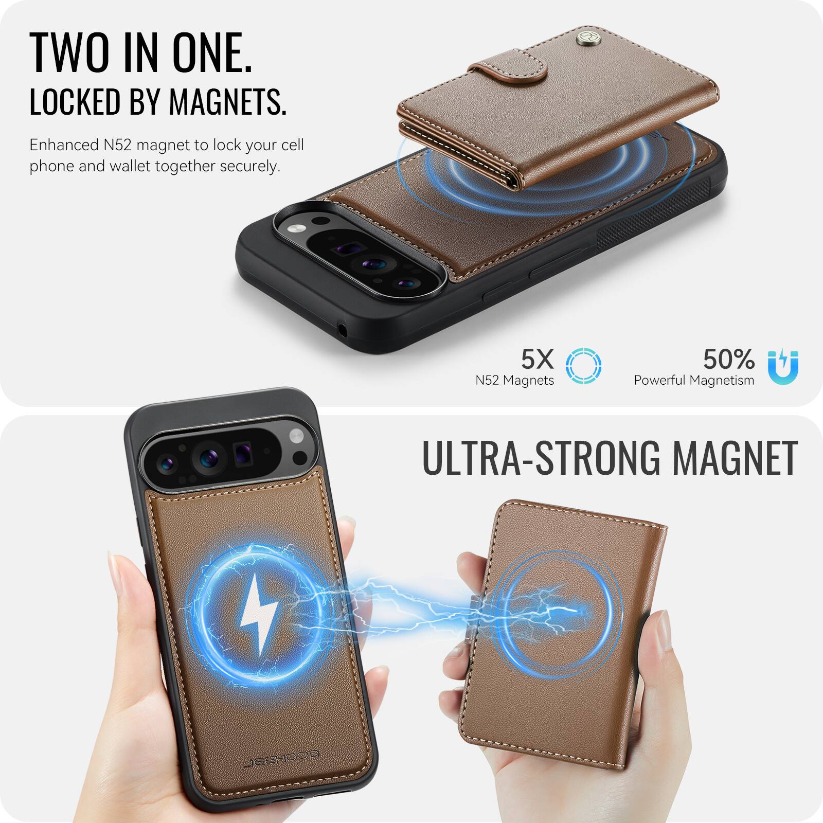 TWO IN ONE.  
LOCKED BY MAGNETS.  
Enhanced N52 magnet to lock your cell phone and wallet together securely.  

5X N52 Magnets  
50% Powerful Magnetism  

ULTRA-STRONG MAGNET