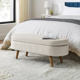 Ropilly - Oval Storage Bench Fabric Ottoman with Rubber Wood Legs for Bedroom Living Room - Beige